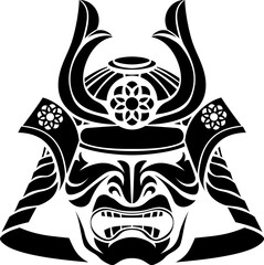 Bold black illustration of a stylized samurai mask and helmet. Simplified design suitable for tattoo art, Japanese culture themes, graphic design, or traditional warrior motifs.
