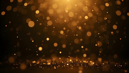 Abstract golden glitter falling on a dark background with bokeh lights effect