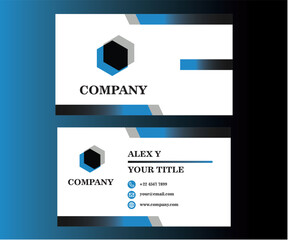 Professional business card design with front and back views. Modern corporate identity template featuring blue accents and a hexagonal logo
