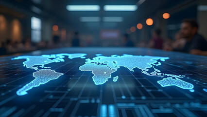Digital world map projection on conference table for global business meeting