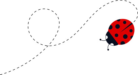 ladybug icon set. Ladybugs flying on dotted route. Cute ladybug characters collection. Ladybug with dotted path. Ladybugs flying on dotted route.  illustration isolated on white. © Volodymyr