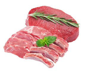 succulent raw beef roast and tender pork ribs complemented by fresh rosemary and basil sprigs, ideal for culinary presentations and healthy cooking concepts