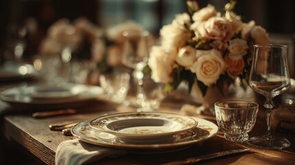 A beautifully set dining table with elegant plates, crystal glasses, and a floral centerpiece of soft pink roses. Warm lighting enhances the inviting atmosphere.