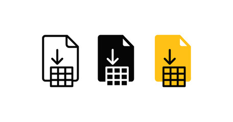 Fototapeta premium Download spreadsheet document icons in black, yellow, and white
