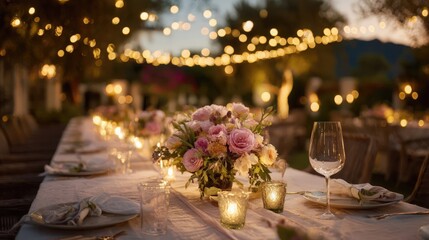 A beautifully arranged outdoor dining table with a floral centerpiece, soft lighting, and elegant tableware. The setting is perfect for a romantic evening or celebration.