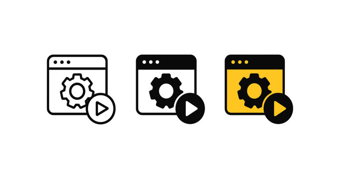 Set of web browser icons with gear and play button in linear and solid styles