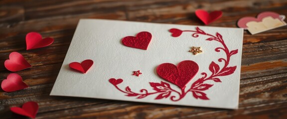 A decorative greeting card with red hearts and floral designs on a wooden surface. Small red paper hearts scattered around the card.