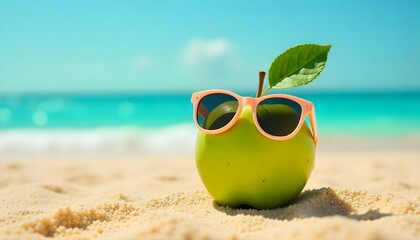 Fun summer concept of a green apple wearing sunglasses on the beach. Bright, creative, and eye-catching for lifestyle, health, and vacation themes.