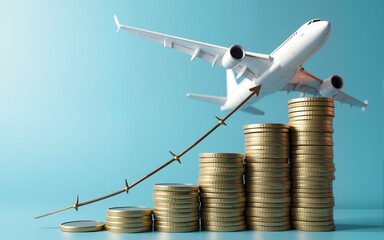 Airplane business recovery after covid-19 impact to airplane transport industry crisis concept and business travel idea. Stack of coins and growth graph on aircraft transportation background
