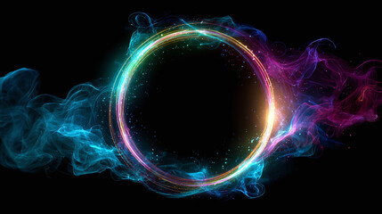 Abstract swirling smoke and a glowing ring creating a mysterious ambiance. The ring's edge is multi-colored and shimmers, with various streams of smoke
