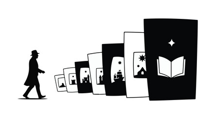 Silhouette of a person walking through a progression of illustrated scenes, leading to a book.