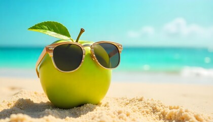 Fun summer concept of a green apple wearing sunglasses on the beach. Bright, creative, and eye-catching for lifestyle, health, and vacation themes.
