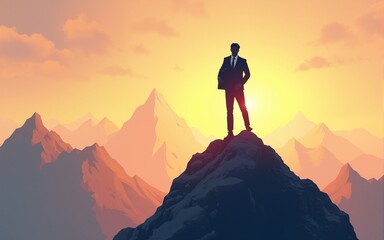 businessman standing in a heroic pose atop a mountain peak pioneering of new paths and the attainment of business heights perseverance leadership and the spirit of entrepreneurship.illustration