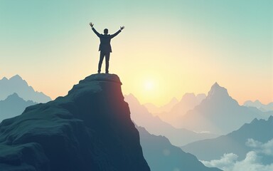 businessman standing in a heroic pose atop a mountain peak pioneering of new paths and the attainment of business heights perseverance leadership and the spirit of entrepreneurship.illustration