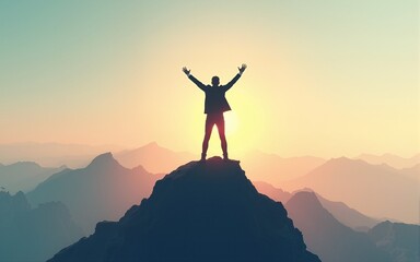 businessman standing in a heroic pose atop a mountain peak pioneering of new paths and the attainment of business heights perseverance leadership and the spirit of entrepreneurship.illustration