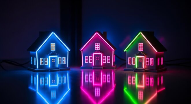Three illuminated miniature houses with colorful neon lights and reflections