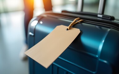 A close-up of a luggage tag attached to the handle of a modern suitcase, symbolizing travel and adventure. High quality