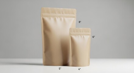 Two blank kraft paper stand up pouches on a light background
