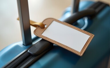 A close-up of a luggage tag attached to the handle of a modern suitcase, symbolizing travel and adventure. High quality