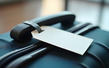 A close-up of a luggage tag attached to the handle of a modern suitcase, symbolizing travel and adventure. High quality
