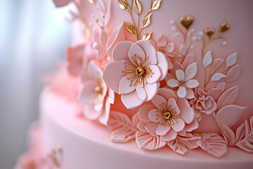 Elegant floral wedding cake design with pink and gold decorations for celebrations