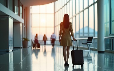 Young businesswoman walking with travel bag along office building or airport, business trip, corporate and people concept. High quality