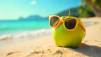 Fun summer concept of a green apple wearing sunglasses on the beach. Bright, creative, and eye-catching for lifestyle, health, and vacation themes.
