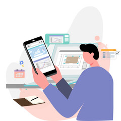 Engineer checking digital sketch plan on laptop and smartphone. Modern flat vector of smart engineering, project planning, and technology workflow.