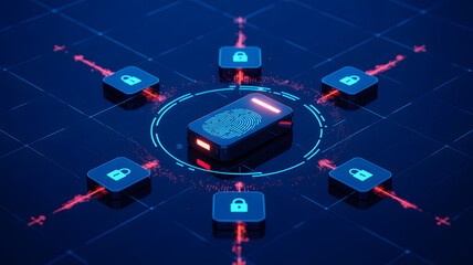 A fingerprint scanner surrounded by lock icons connected by red lines on a blue background