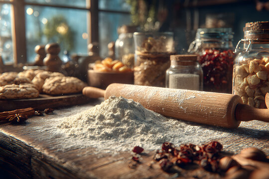 Bakery background for cooking christmas baking with rolling pin and scattered flour on kitchen table top view.
