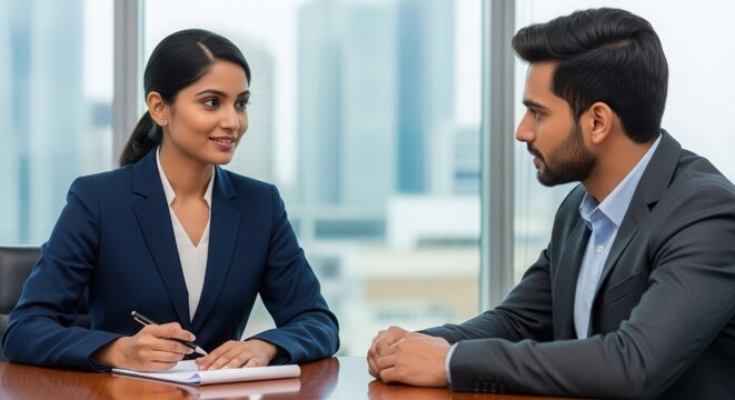 Indian HR specialist interviewing job candidate — symbolizing professionalism, evaluation, and opportunity