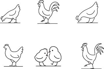 Poultry Farm Icon Set: Rooster, Hen, and Chicks Line Art Illustrations