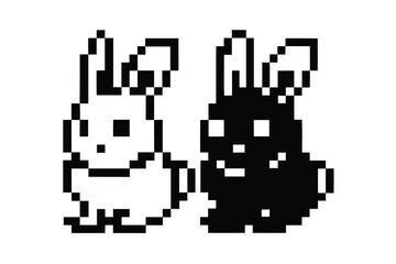 Pixel Art Two Rabbits in White and Black, Simple Retro Style on White Background
