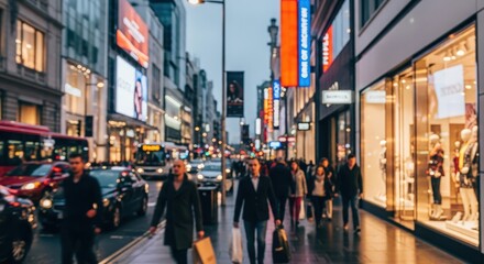 Urban shopping street blur &mdash; capturing modern retail energy, movement, and lifestyle