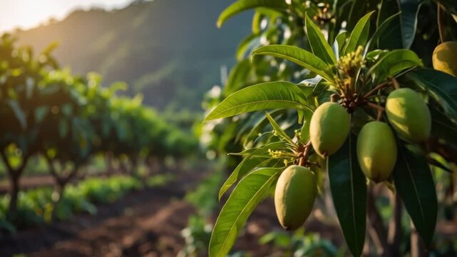 Close-up of green fruit growing on a tree branch, with a background orchard at sunset