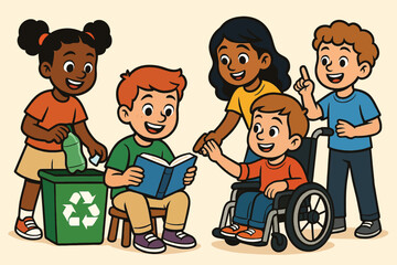 Inclusive Children Learning Recycling and Friendship Illustration