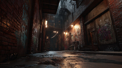 Fototapeta premium An eerie alleyway with grungy brick walls and ambient lighting, creating an unsettling atmosphere