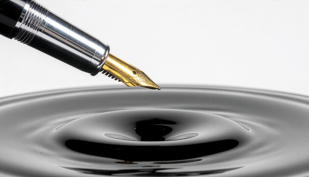 Macro shot of a classic fountain pen nib hovering over a black ink ripple