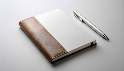Minimalist leather note and silver pen on a clean white desk