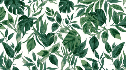 Seamless botanical pattern of green watercolor leaves and branches on a white background.