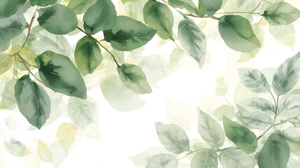 Watercolor illustration of soft green leaves and branches with a light, airy background.
