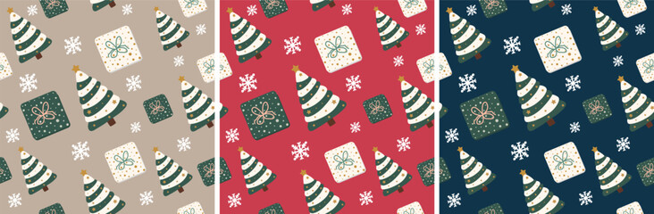 Minimalist Doodle Christmas Seamless Pattern Set. Hand Drawn Holiday Background Tile