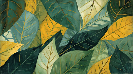 Artistic illustration of layered leaves in shades of green and yellow with visible veins, arranged in an overlapping pattern.

