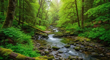 Lush, green forest scene with a rocky stream flowing through the trees