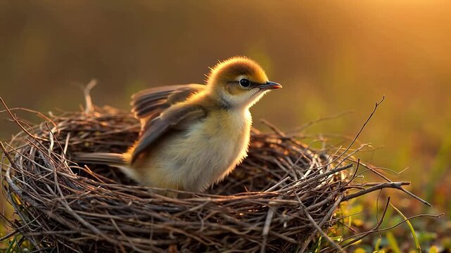 phonology. A young bird's first flight from the nest during the golden morning light. wildlife magazines, conservation campaigns, designed for nature documentaries and education.