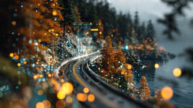 Aerial harmony: vibrant sunset over coastal highway. Digital control. Horseshoe bay's highway: a play of shadows and sunset hues. Neon interfaces. Tech panels. - Powered by Adobe