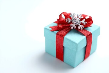 Obraz premium A blue gift box with a red ribbon and snowflake isolated on white background