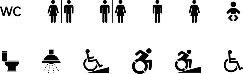 Toilet icon. WC sign. Printable sticker of toilet symbol sign with woman wc man handicapped baby icons. Restroom bathroom and change room sign. WC door plate symbol illustration.