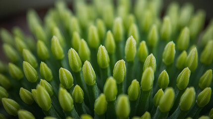 Close-up view of numerous green flower buds clustered together, not yet bloomed.


