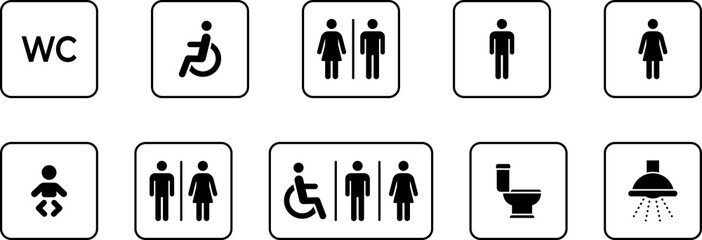 Toilet icon. WC sign. Printable sticker of toilet symbol sign with woman wc man handicapped baby icons. Restroom bathroom and change room sign. WC door plate symbol illustration.